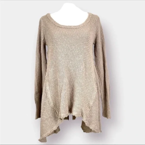 Anthro Ruby Moon heathered oatmeal waffle knit shark bite raw hem longsl… - Picture 1 of 10